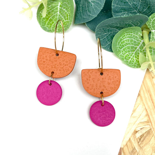 Orange & hot pink hoop earrings with gold hoops