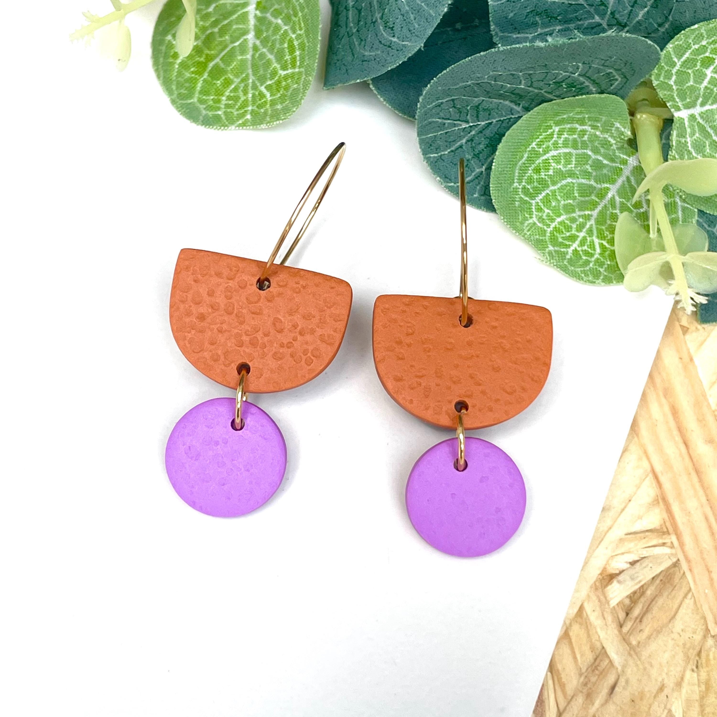 Orange & lilac hoop earrings with gold hoops 