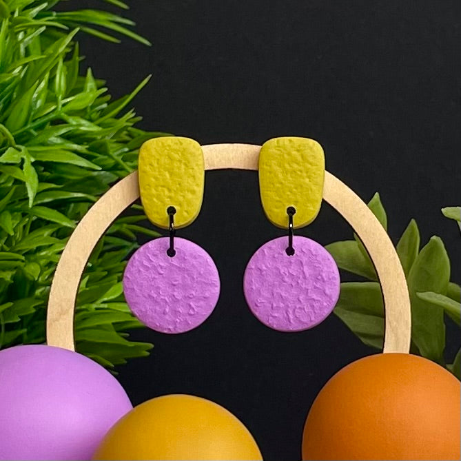 Pistachio Green & Lilac colour pop dangle earrings on hoop display prop