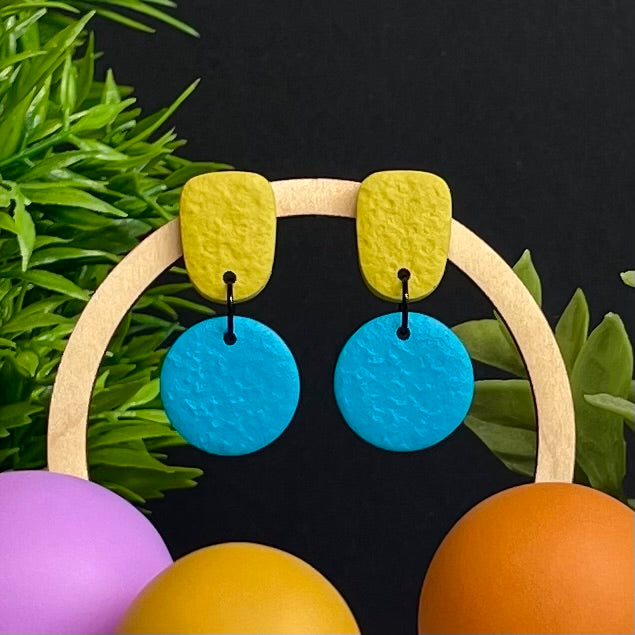 Pistachio Green & Turquoise colour pop dangle earrings on hoop display prop