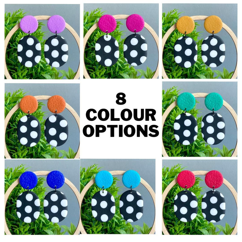 Black and white polka dot earrings with colourful accents featuring all 8 Colour Options 