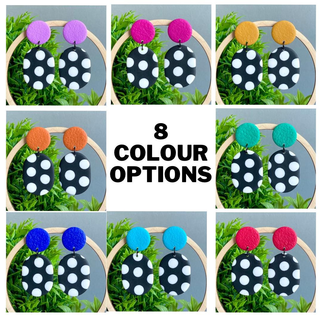 Black and white polka dot earrings with colourful accents featuring all 8 Colour Options 
