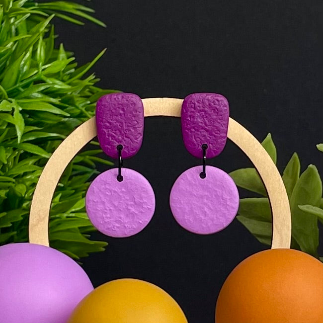 Purple & Lilac colour pop dangle earrings on hoop display prop