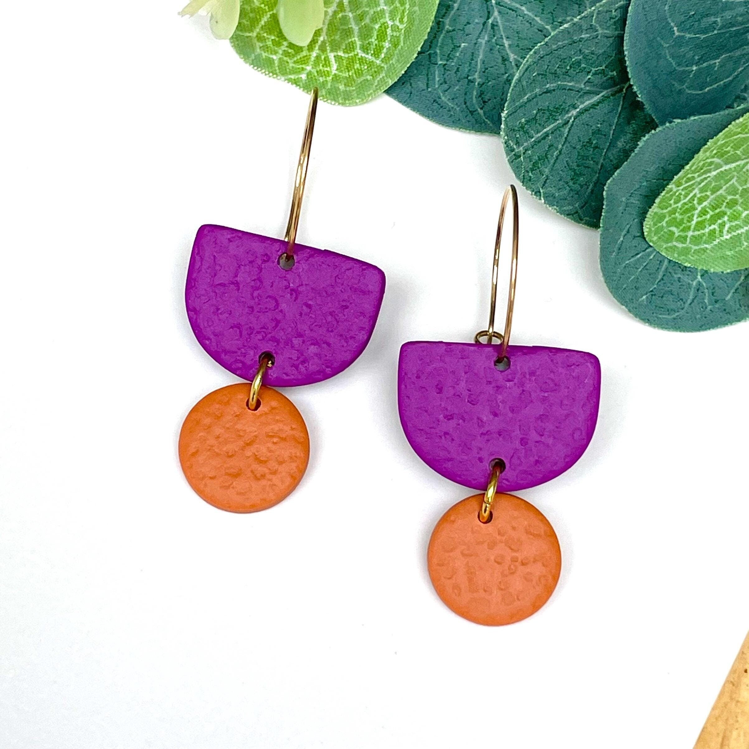 Purple and orange hoop earrings with gold hoops 