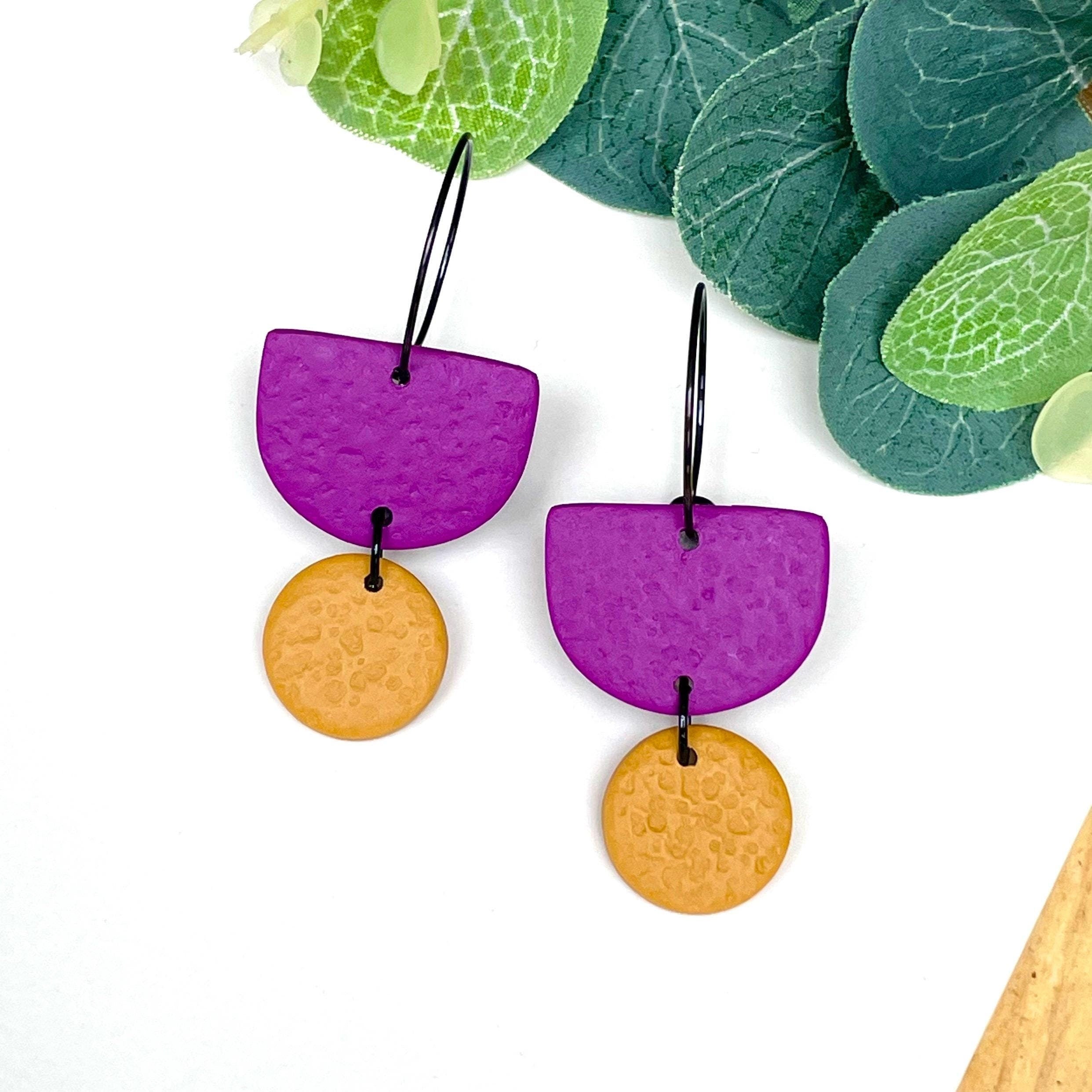 Purple & mustard yellow hoop earrings with black hoops