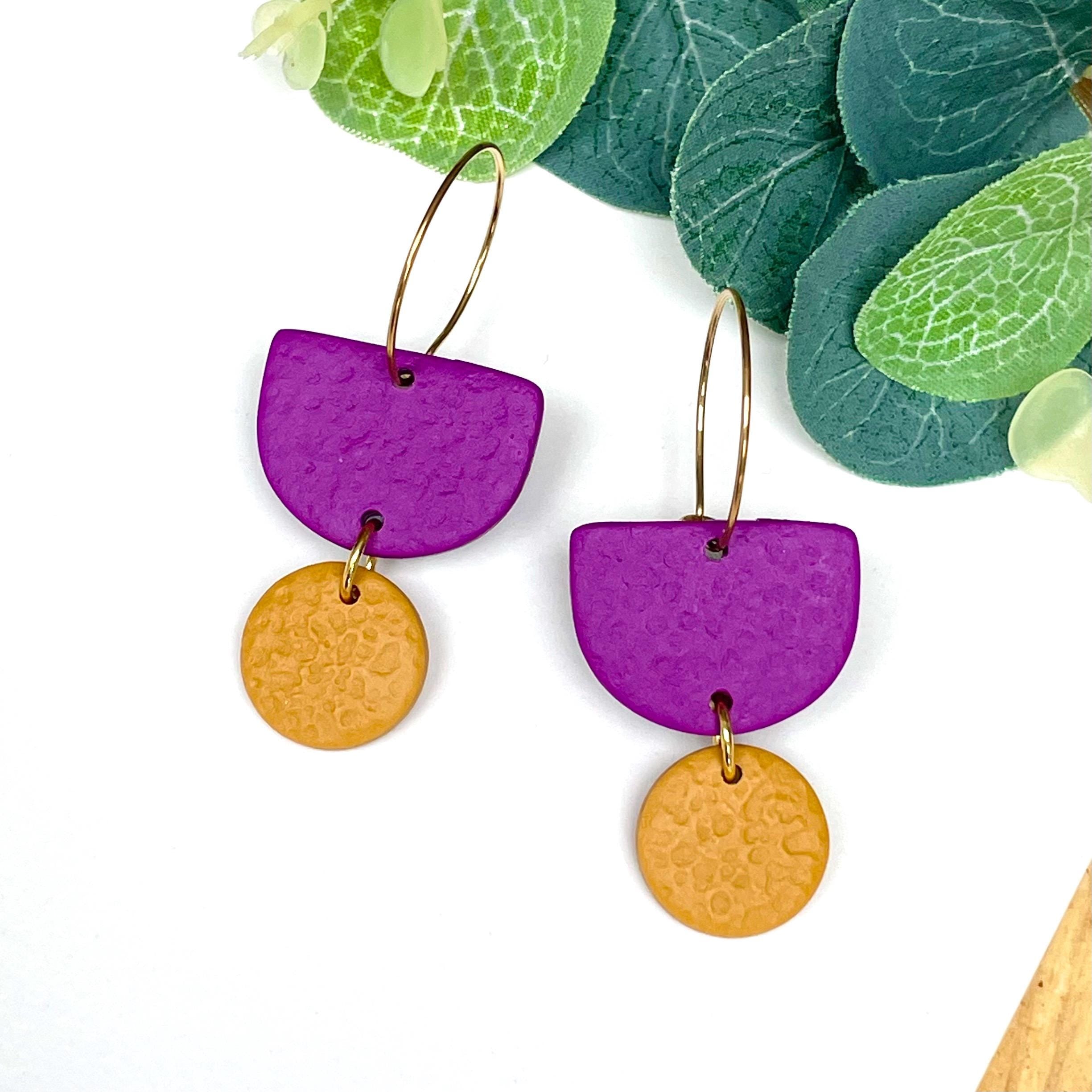 Purple & mustard yellow hoop earrings with gold hoops