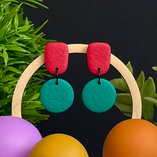Red & Emerald Green colour pop dangle earrings on hoop display prop