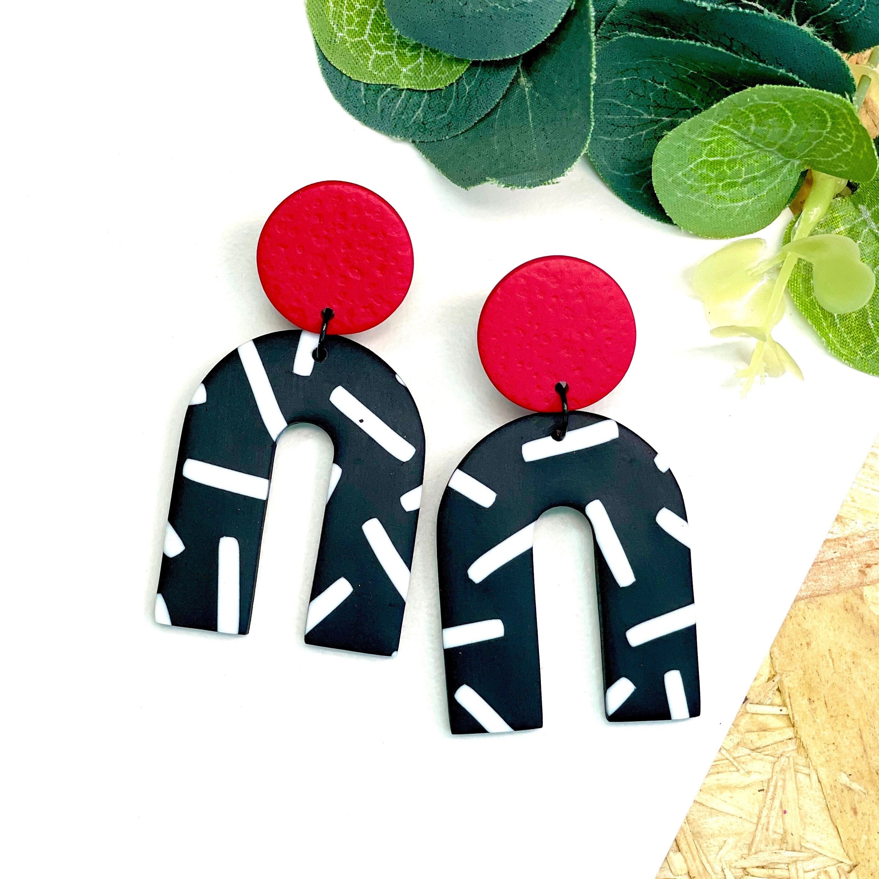 Red and monochrome sprinkles arch dangle earrings