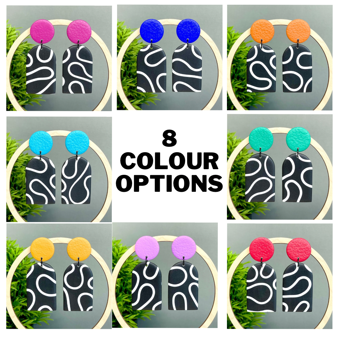 All 8 colour options for the monochrome squiggle arch dangles 