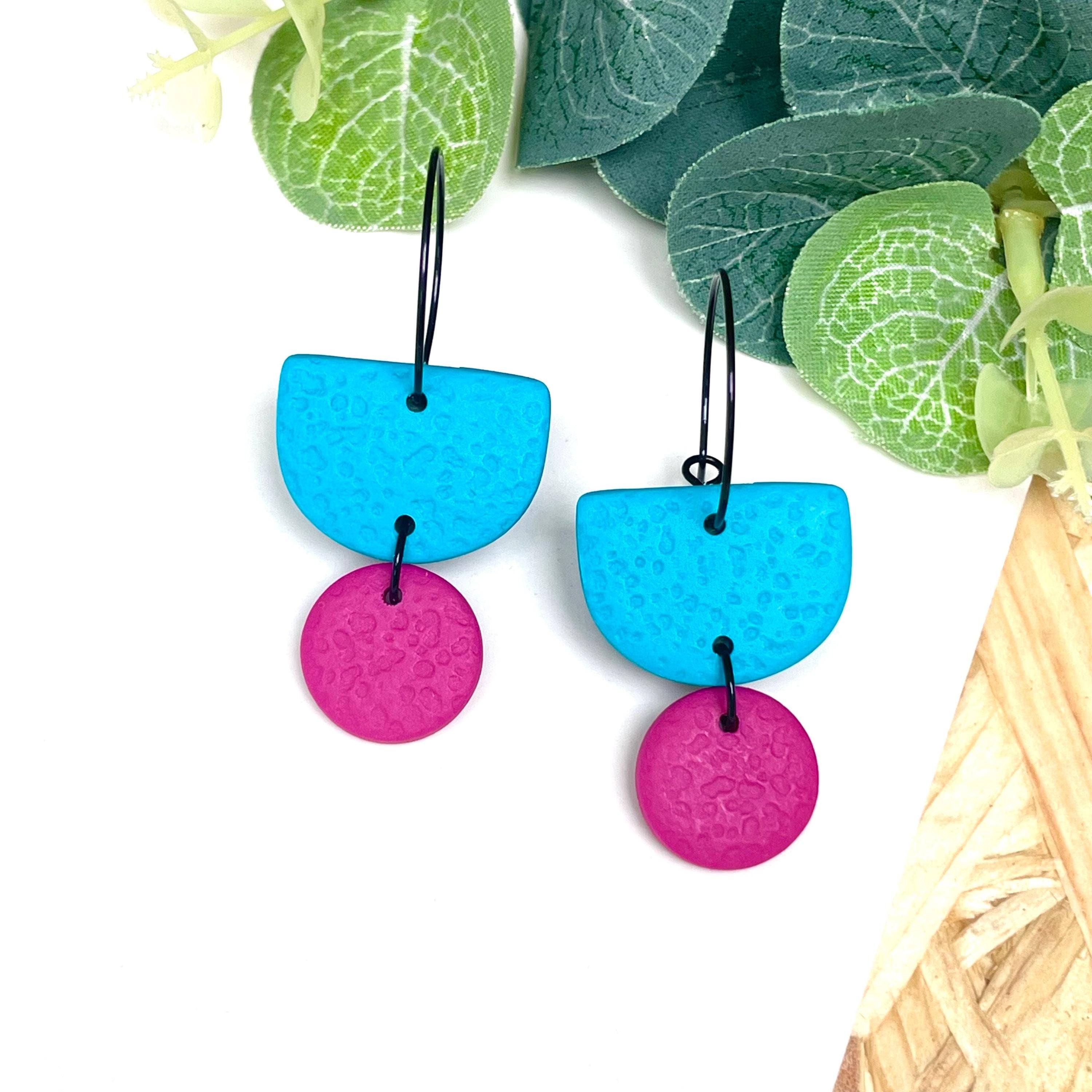Turquoise & hot pink hoop earrings with black hoops
