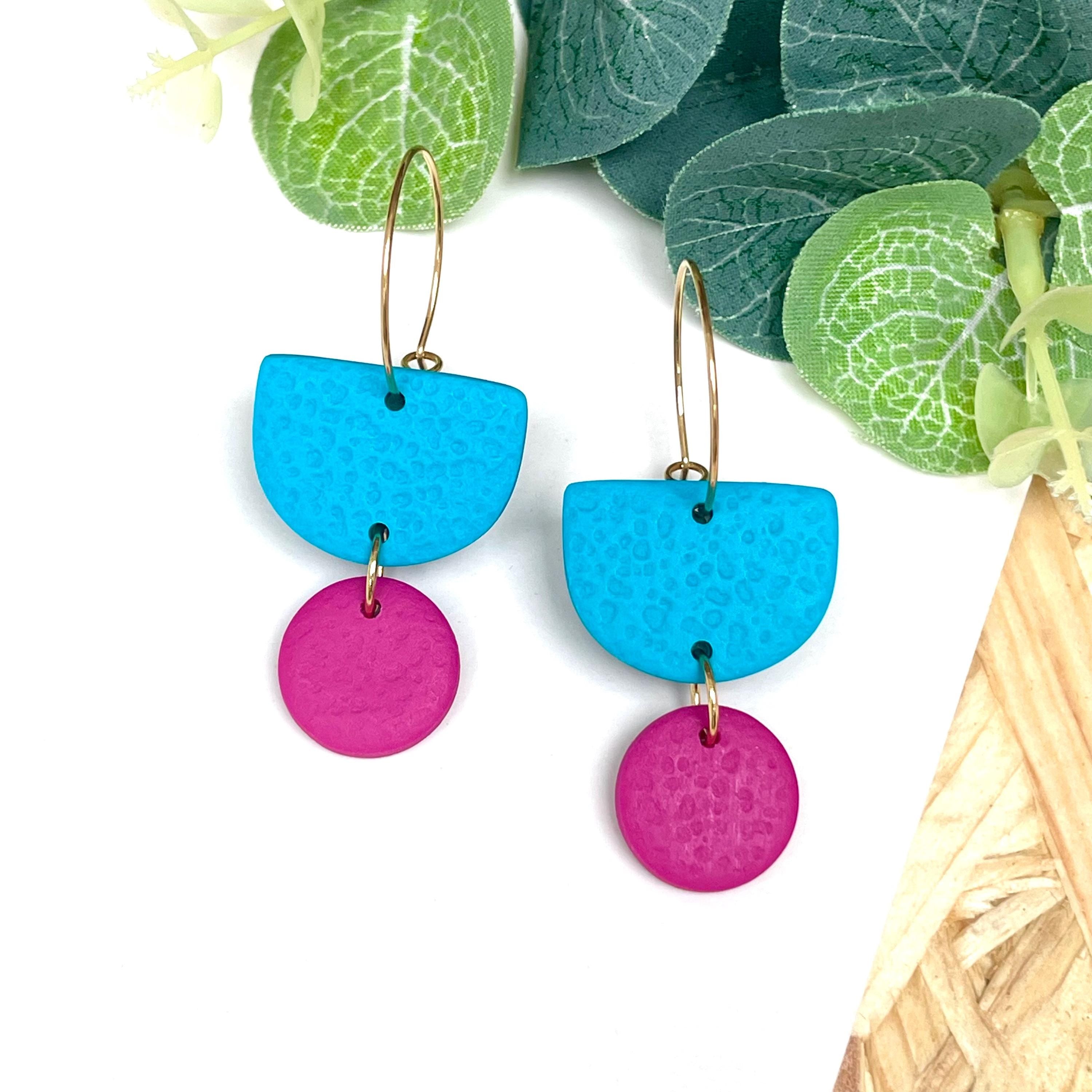 Turquoise & hot pink hoop earrings with gold hoops