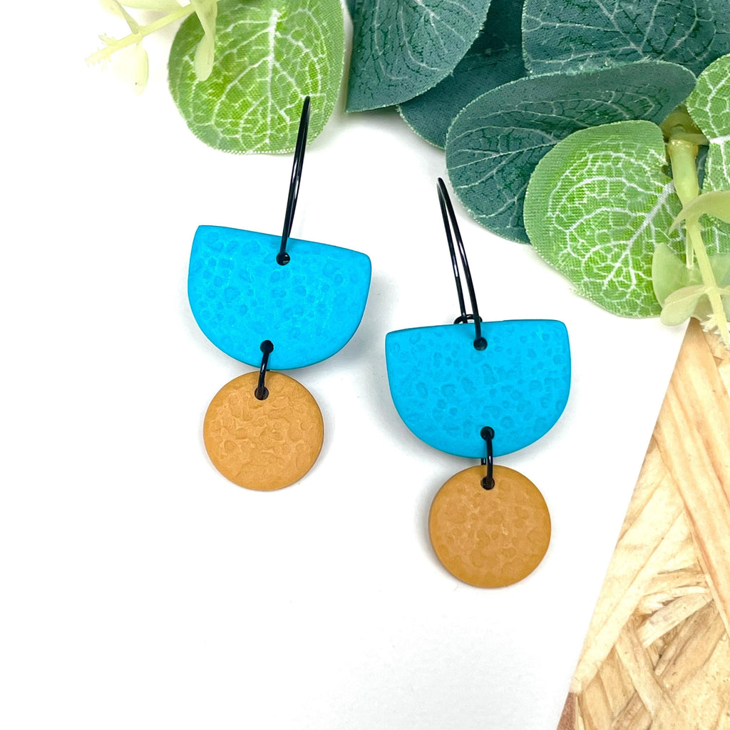 Turquoise & mustard yellow hoop earrings with black hoops 
