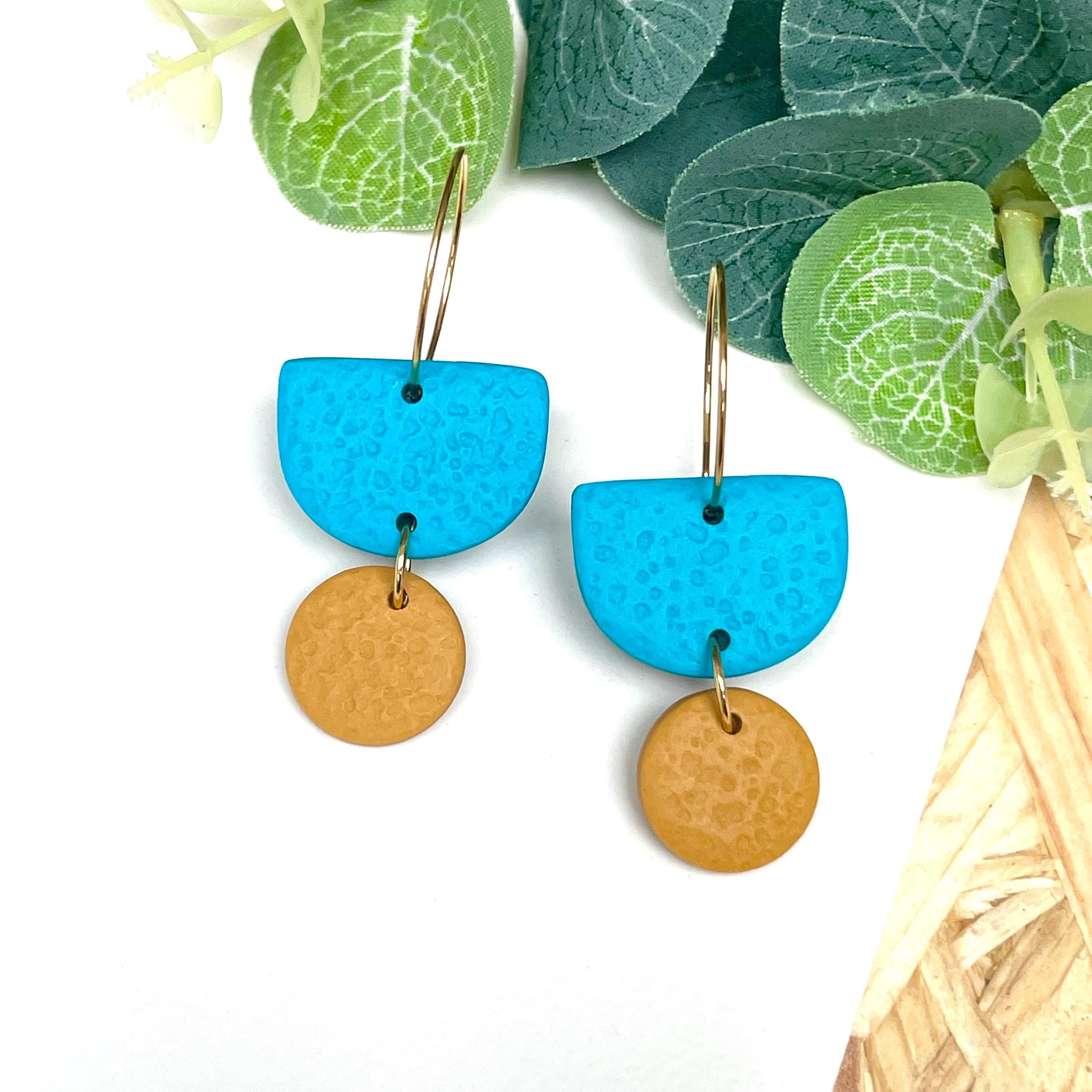 Turquoise & mustard yellow hoop earrings with gold hoops 