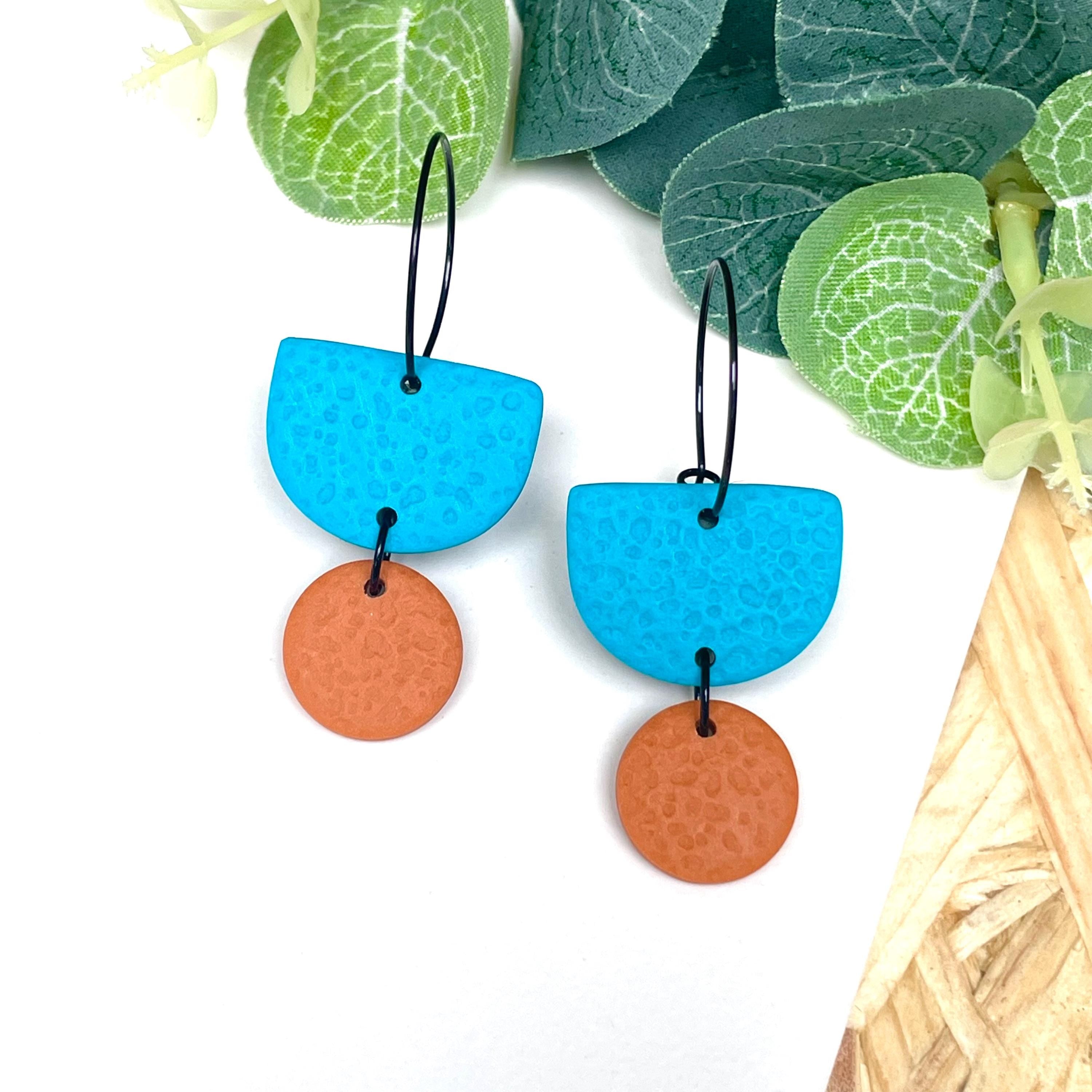 Turquoise & orange hoop earrings with black hoops