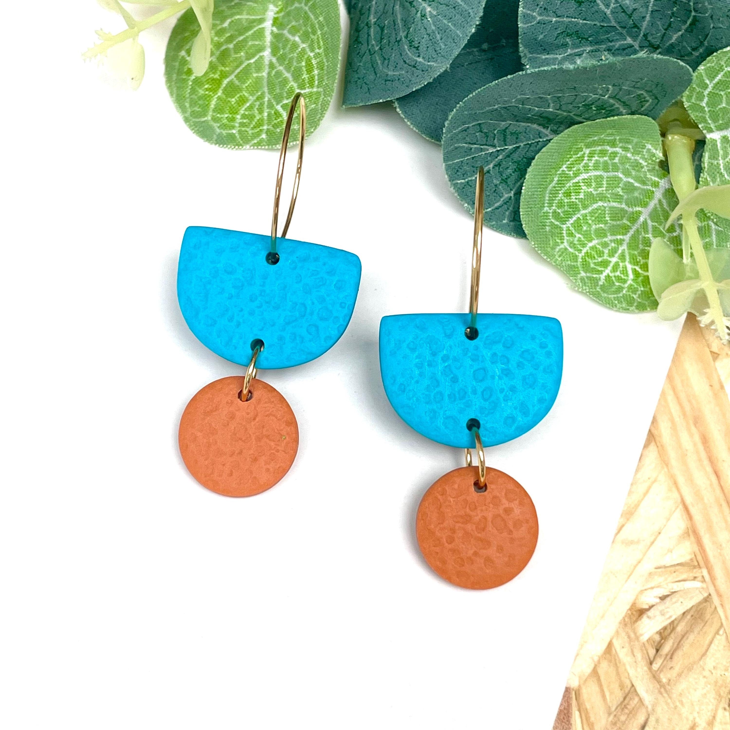 Turquoise & orange hoop earrings with gold hoops