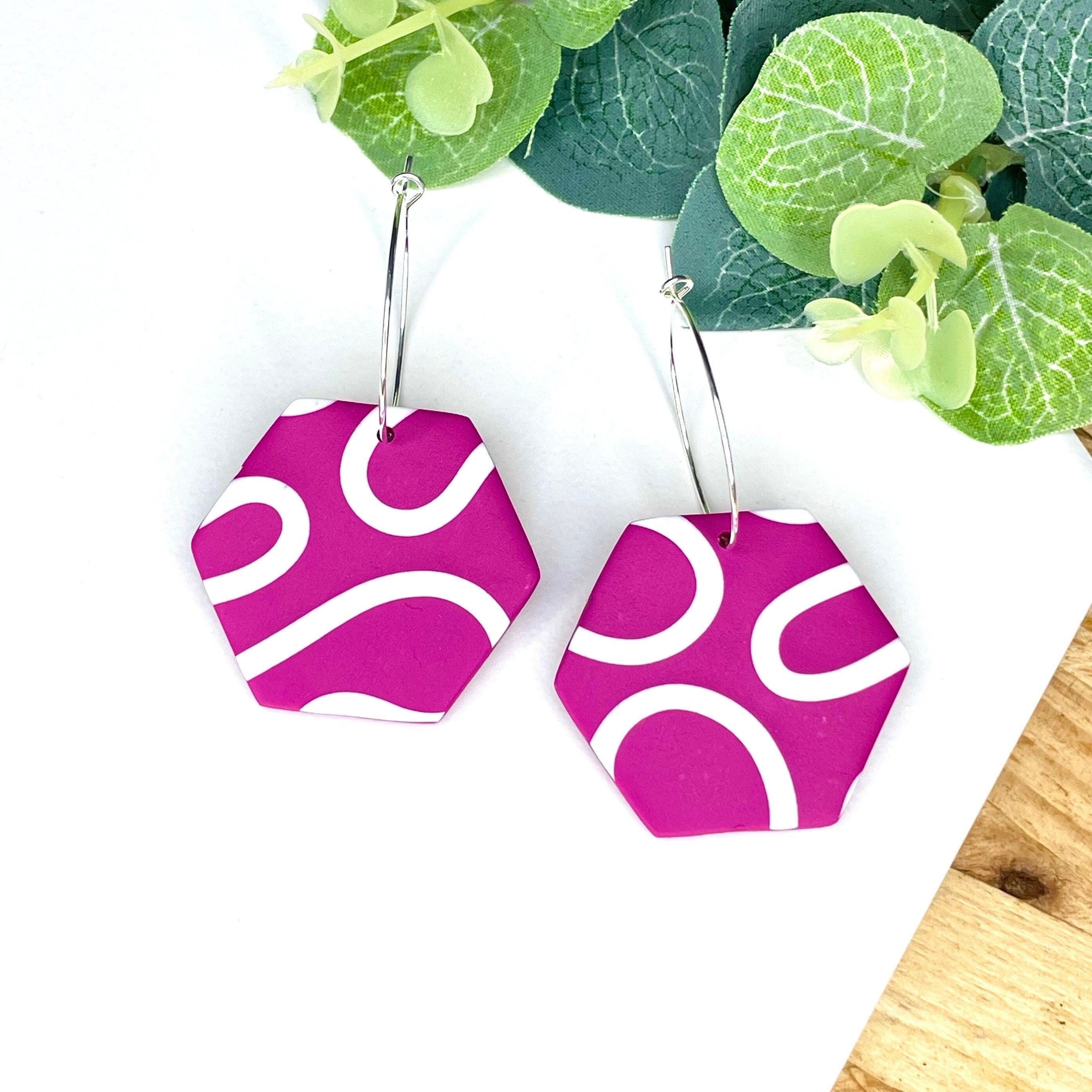 Hot Pink & White Squiggle Hexagon Hoops