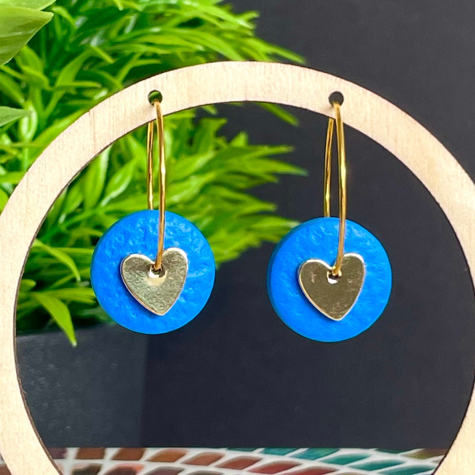 Sky Blue & Gold Heart Hoops