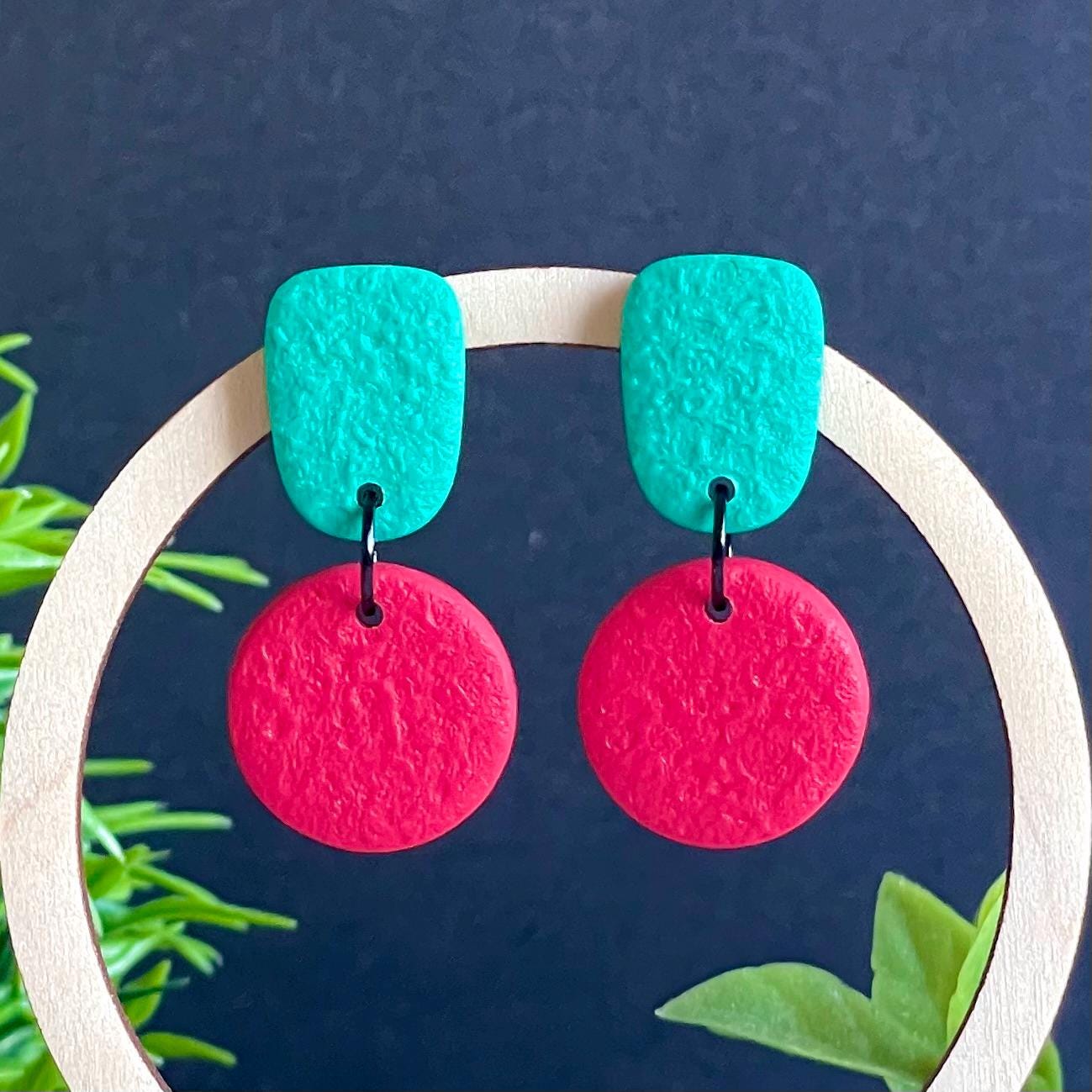 Emerald Green & Red Colour Block Dangles