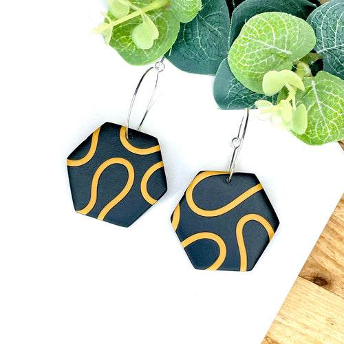 Black & Mustard Squiggle Hexagon Hoops