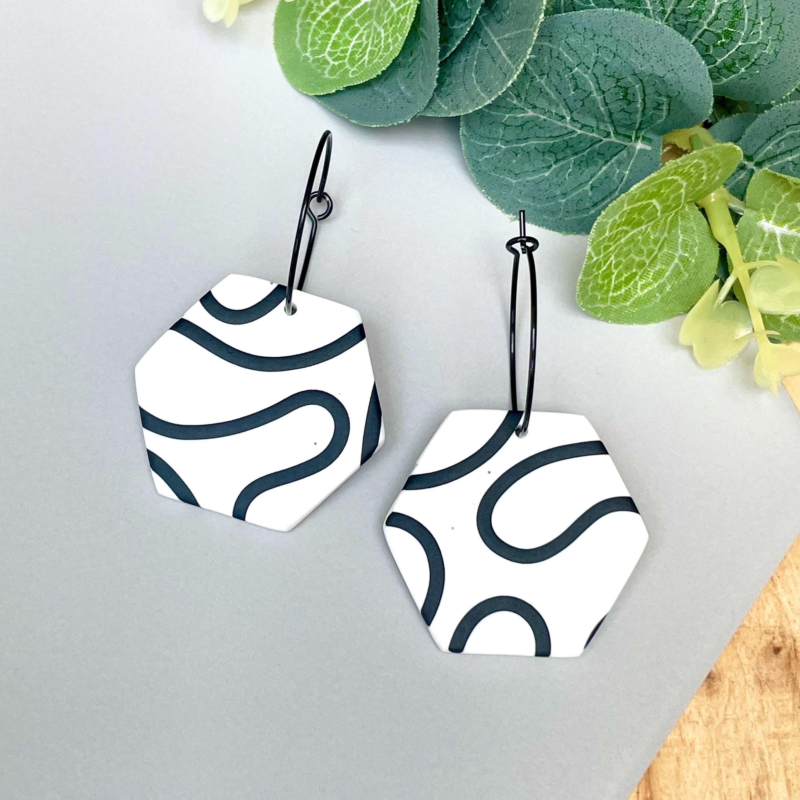 White & Black Squiggle Hexagon Hoops