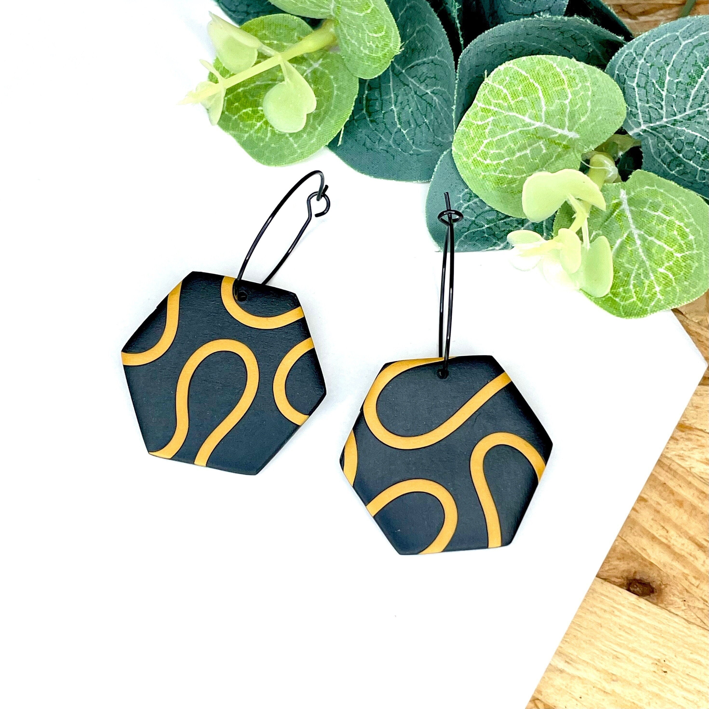 Black & Mustard Squiggle Hexagon Hoops